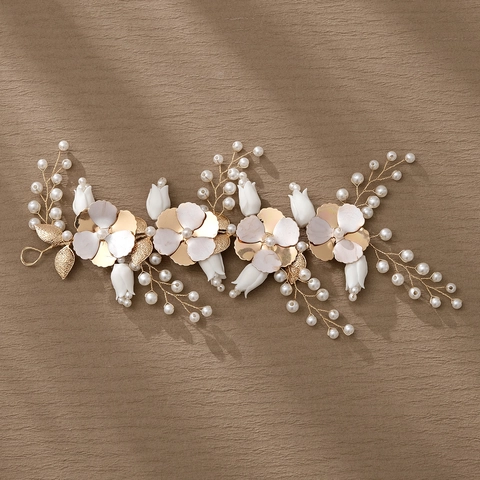 Fascia per Capelli Sposa Vintage Fatta a Mano con Fiori Künstliche Perle Foglia in Lega Oro Decorazione PVC Effetto Ceramica per Nozze