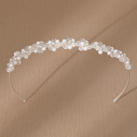 Handmade Bridal Flower Headband With Faux Artificial Pearl Crystal Silver Wire Hair Hoop Wedding Party Prom Hair Accessories For Women