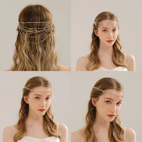 Bohemian Rhinestone Bridal Head Chain Gold Silver Alloy Tassel Forehead Hair Accessory For Wedding Party Exotic Style Women Jewelry