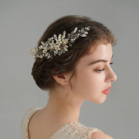 Pettine per Capelli da Sposa Fatto a Mano in Künstliche Perle e Cristallo Lega Strass Fiore Copricapo da Sposa per Donna Festa Gioielli