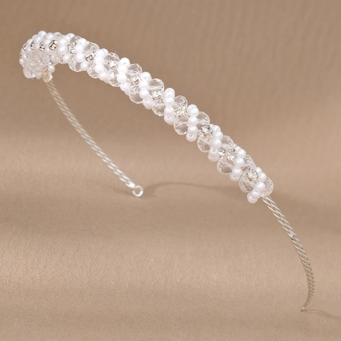 Elegant Handmade Woven Crystal Artificial Pearl Bridal Headband Sparkly Silver Hair Hoop For Wedding Party Photography Women Accessories