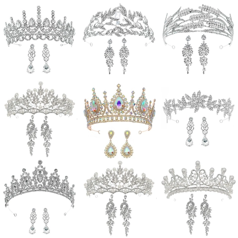 Luxurious Alloy Rhinestone Bridal Crown And Earrings Set Artificial Pearl Wedding Jewelry Tiara Set For Women Banquet Party Accessories