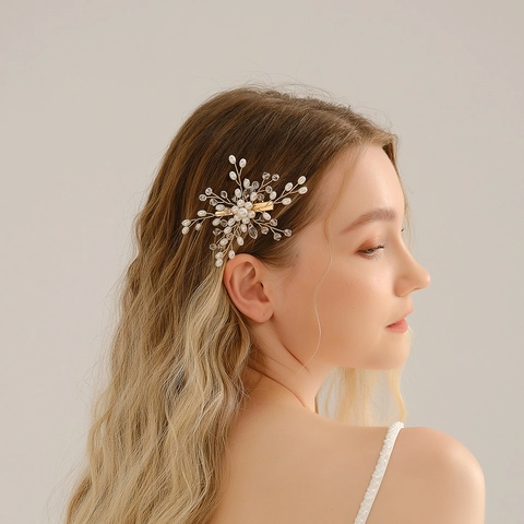 Handgemachte Braut Haarspange Künstliche Perle Kristall Blume Gold Draht Haarnadel Für Hochzeit Bankett Party Damen Schmuck Zubehör