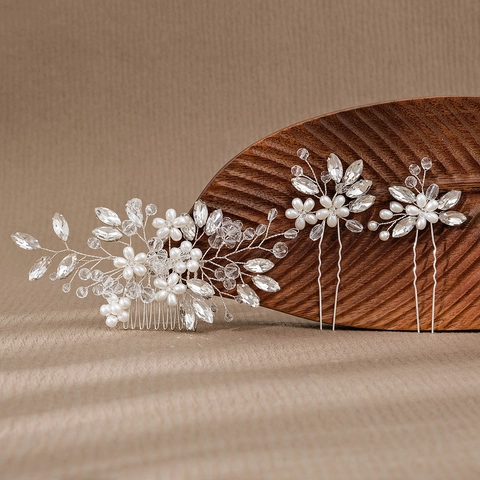 Handmade Alloy Flower Rhinestone Artificial Pearl Bridal Headpiece Comb And Hairpins For Women Wedding Party Elegant Hair Accessories