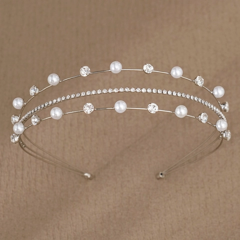 Diadema de Aleación Dulce de Tres Capas con Perlas Artificiales y Strass Elegante Aro de Pelo para Novia Boda Mujer Niña Accesorios