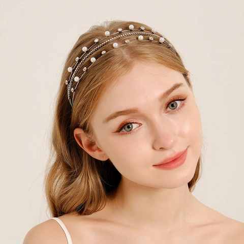 Diadema de Aleación Dulce de Tres Capas con Perlas Artificiales y Strass Elegante Aro de Pelo para Novia Boda Mujer Niña Accesorios