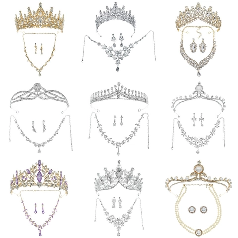 Luxury Bridal Jewelry Set Alloy Rhinestone Crystal Tiara Necklace Earrings For Wedding Banquet Party Women Baroque Style Accessory