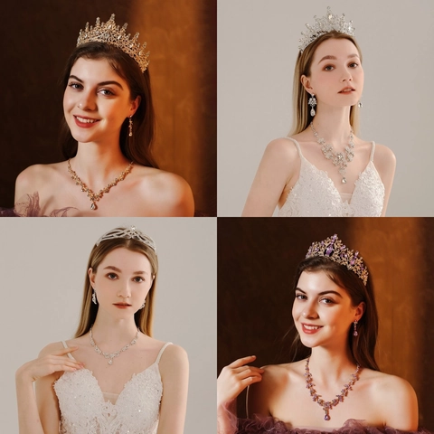 Luxury Bridal Jewelry Set Alloy Rhinestone Crystal Tiara Necklace Earrings For Wedding Banquet Party Women Baroque Style Accessory