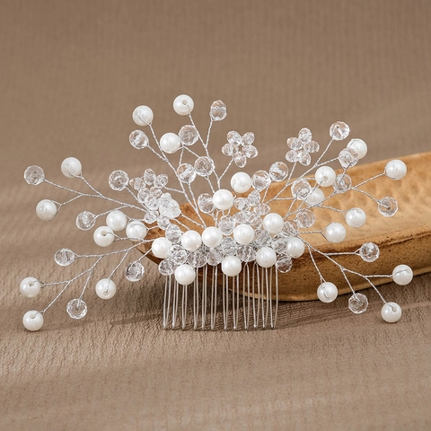 Peigne à Cheveux Mariée Fait à la Main Perle Artificielle Blanche Strass Fleur Coiffe Fil d'Argent Floral Bijoux Mariage Femme