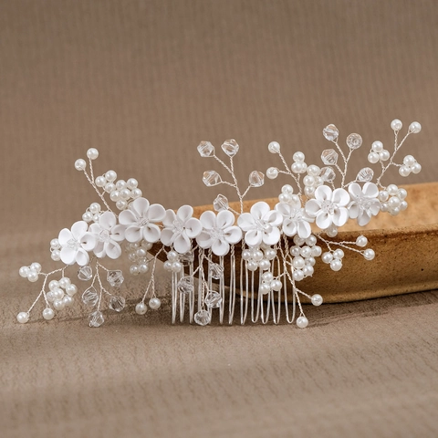 Pettine per Capelli Sposa Fiori in Argilla Polimerica Bianca Con Künstliche Perle d'Imitazione Cristallo Filo d'Argento Matrimonio Donna
