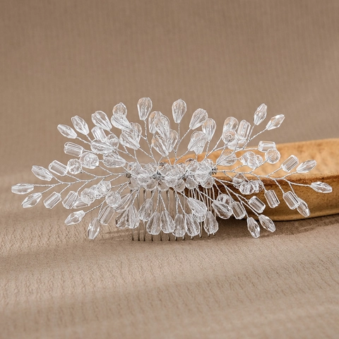 Handgemaakte Bruids Haarkam Met Acrylkristallen Bloem Zilveren Metaaldraad Vintage Bruiloft Feest Haaraccessoires