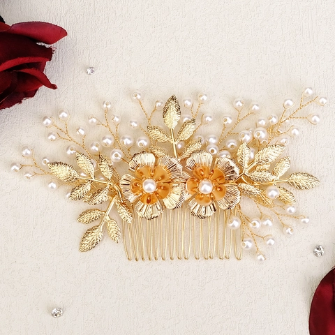 Pettine per Capelli da Sposa Fiore d'Oro Vintage Con Perle Artificiali Cristalli Fatto a Mano Avvolto in Filo Accessorio per Matrimonio Donna