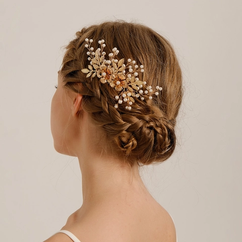 Pettine per Capelli da Sposa Fiore d'Oro Vintage Con Perle Artificiali Cristalli Fatto a Mano Avvolto in Filo Accessorio per Matrimonio Donna