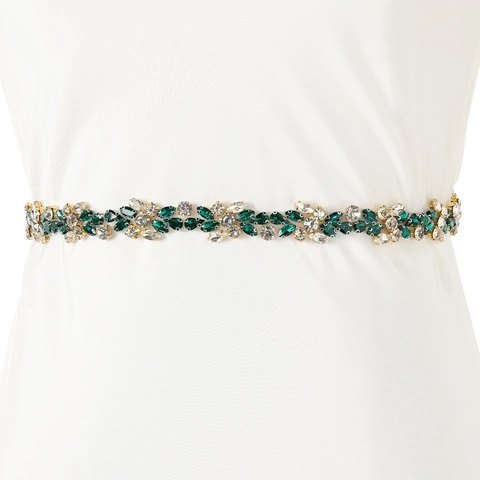 Cinturón de Novia de Strass Verde Esmeralda Vintage Fajín para Vestido de Novia Hecho a Mano Flor Hoja Con Cinta Blanca Joyería Mujer