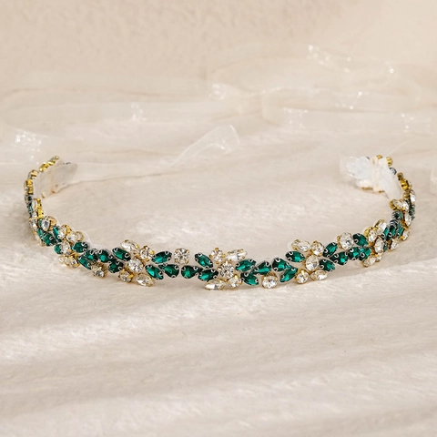 Cinturón de Novia de Strass Verde Esmeralda Vintage Fajín para Vestido de Novia Hecho a Mano Flor Hoja Con Cinta Blanca Joyería Mujer