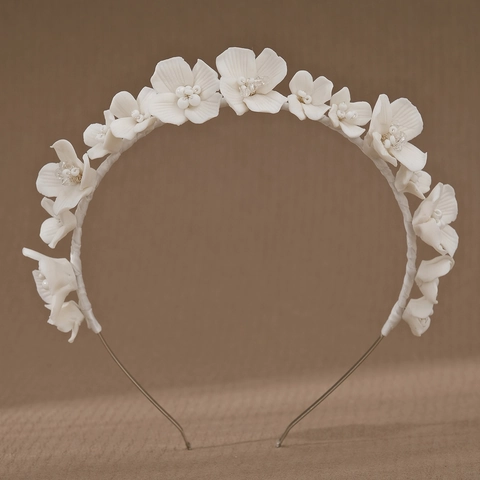 Handgefertigter Weißer Polymer-Ton Blume Braut Haarreif Romantischer Blumiger Kopfschmuck Mit Künstlichen Perlen Hochzeit Haarschmuck Damen