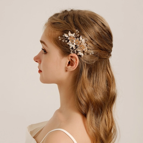 Fermaglio per Capelli da Sposa Floreale Fatto a Mano Perla Artificiale Strass Rame Fermaglio a Becco d'Anatra Matrimonio Festa Retro Accessori Capelli Donna