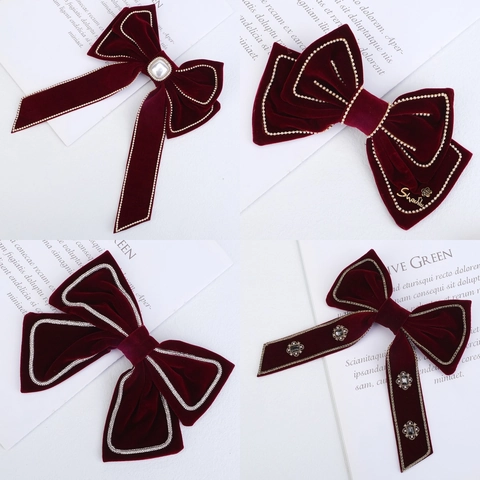 Pinza Para El Cabello Con Lazo Grande De Terciopelo Rojo Vino Vintage Con Perla Artificial Diamantes De Imitación Elegante Estilo Princesa Accesorio