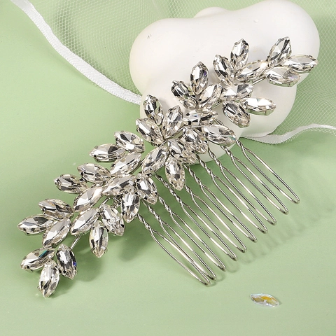 Eleganter Silber Strass Braut Haarkamm Blatt Form Marquise Kristall Haarschmuck Für Hochzeit Bankett Abschlussball Damen