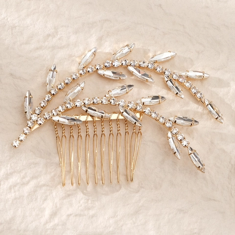 Pettine per Capelli da Sposa Vintage Foglia d'Oro Con Strass in Lega a Forma di Ramo per Matrimonio Festa Donna Gioielli