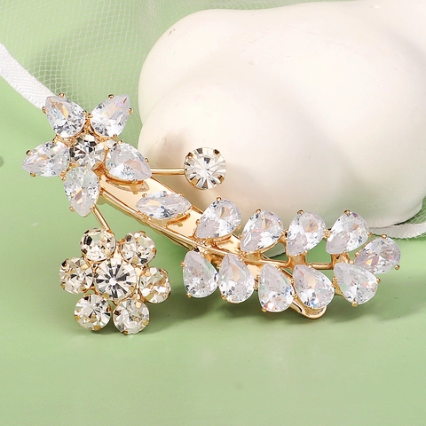 Fashion Gold Alloy Zirconia Flower Hair Clip Women Elegant Bridal Hair Accessories Floral Rhinestone Duckbill Clip Jewelry