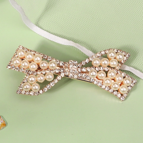 Elegante Fermaglio per Capelli a Fiocco per Donna in Lega Perla Artificiale Strass Becco d'Anatra Dolce Vintage Clip Laterale Frangia Accessorio Capelli