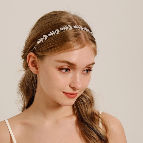 Elegante Vite per Capelli da Sposa con Foglia d'Argento in Lega con Strass Zirconia Fascia per Matrimonio Festa Ballo Donna Gioielli per Capelli Copricapo