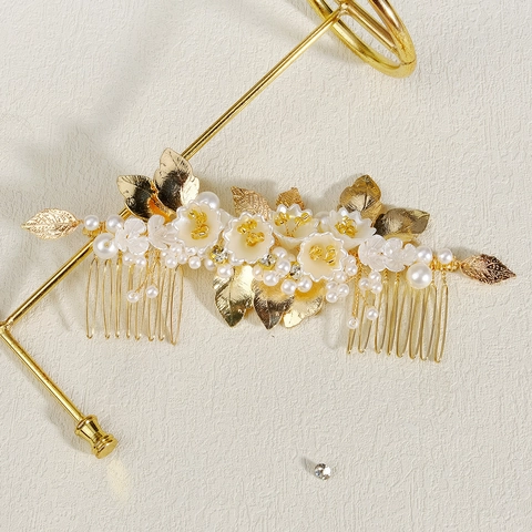 Pettine per Capelli da Sposa Vintage Oro Elegante Fiore Bianco Foglia Perla Artificial Imitazione Accessorio per Matrimonio Donna Gioielli