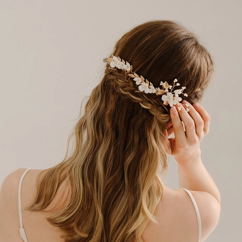 Peineta Y Horquilla De Boda Vintage Dorada Con Flores Blancas Hoja De Diamantes De Imitación Accesorios Para El Cabello Mujer