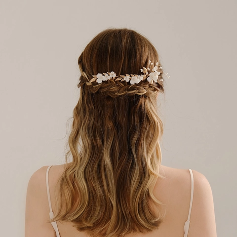 Peineta Y Horquilla De Boda Vintage Dorada Con Flores Blancas Hoja De Diamantes De Imitación Accesorios Para El Cabello Mujer