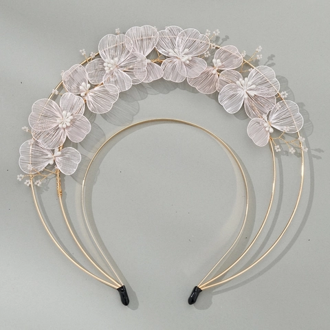 Cerchietto per Capelli Sposa a Fiori Dorati Fatti a Mano a Tre Strati con Petali in Rete e Imitazione Perla Artificial Gioielli Donna Nozze