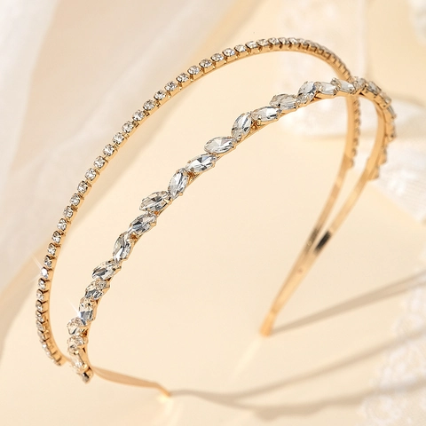 Diadema de Novia de Doble Capa Strass Aleación Chapada en Oro Elegante Corona para Boda Fiesta Mujer Accesorios Cabello