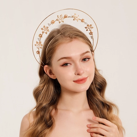 Elegante Cerchietto Halo a Tre Strati Oro Fiore in Metallo Perla Artificial Sintetica Copricapo da Sposa per Servizio Fotografico di Matrimonio Accessori per Capelli