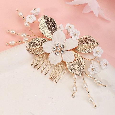 Pettine per Capelli da Sposa Fatto a Mano Con Fiori in Argilla Polimerica Foglie in Lega Strass Künstliche Perle Gioielli per Capelli Donna Oro