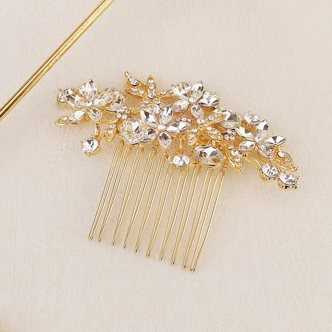 Peineta de Novia de Aleación con Strass y Flores para Boda Fiesta Mujer Elegante Oro Plata Joyería para el Cabello