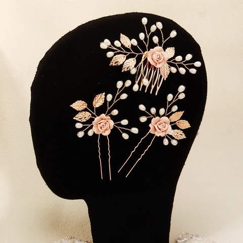 Handgefertigt Braut Haarkamm Und Haarnadeln Set 3 STÜCK Polymer-Ton Blumen Strass Künstliche Perle Hochzeit Haarschmuck Für Damen