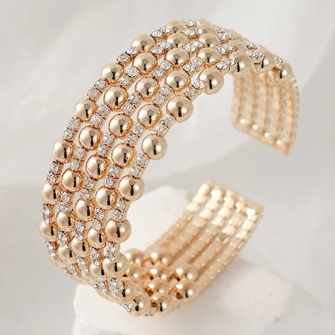 Luxury Gold Zinc Alloy Multi-layer Open Cuff Bracelet For Women With Rhinestone Beads Fashion Geometric Jewelry Gift