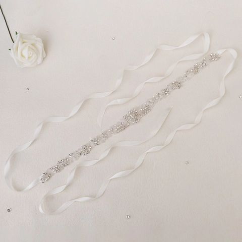 Handmade Silver Rhinestone Bridal Sash Elegant White Satin Ribbon Wedding Belt Flower Leaf Pattern For Brides Gown Accessories