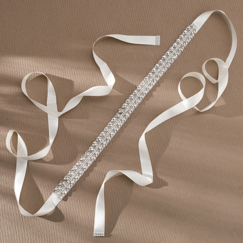 Bridal Rhinestone Corset Belt Silver Leaf Pattern Satin Ribbon Sash Handmade Elegant Wedding Gown Waistband Accessories For Women Banquet