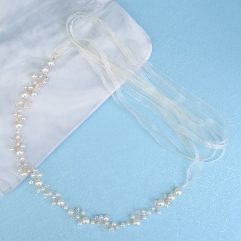 Catena in Vita Fatta a Mano con Perle Artificiali e Strass Accessorio per Abito da Sposa Cintura Sposa con Filo d'Oro e Nastro Bianco
