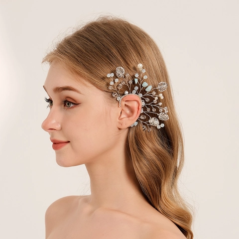 Manchette d'Oreille Elfe en Cuivre Fait Main pour Femme Vintage Style Forêt Cristal de Roche Perle Artificielle Bijoux