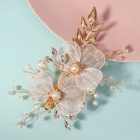 Fermaglio per Capelli da Sposa Fatto a Mano in Lega Oro Fiore Cavo Con Perla Artificiale Strass Elegante Matrimonio Festa Donna Accessori