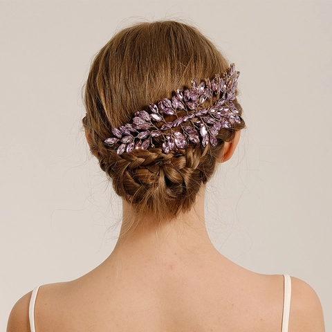 Luxus Lila Strass Braut Haarranke Handgefertigt Gold Blatt Hochzeit Kopfschmuck Elegante Kristall Haarschmuck Für Damen