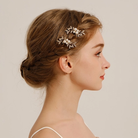 Forcine per Capelli a Foglia d'Oro per Sposa Con Strass e Künstliche Perle Bastoncini Vintage in Lega per Donna Accessori Capelli