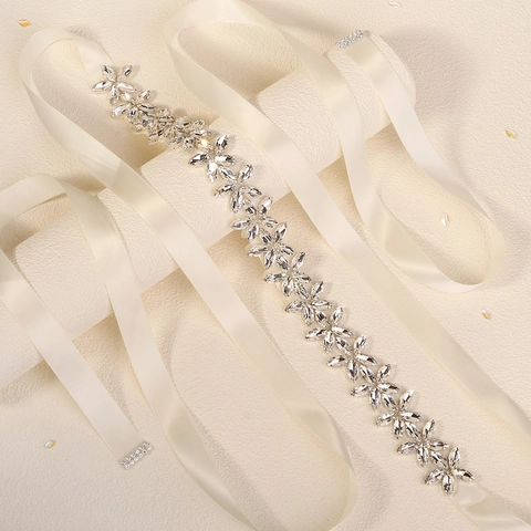 Luxurious Rhinestone Bridal Sash Belt Satin Ribbon Silver Flower Wedding Dress Accessories Hand Sewn Artificial Pearl Waist Belt For Women