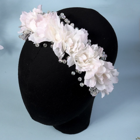 Cerchietto con Fiori Fatti a Mano in Stoffa Perline di Cristallo Stile Foresta Accessorio per Capelli Sposa Donna