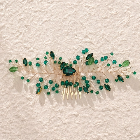 Peine de Pelo de Novia de Diamantes de Imitación Verde Esmeralda Hecho a Mano Tocado de Boda de Aleación Vintage para Mujer Joyería