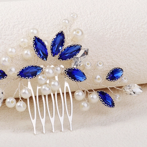 Peine Pelo Boda Novia Horquilla en U Azul Diamante Imitación Marquise Perla Artificial Floral Hoja Tejido a Mano Tocado Elegante Mujer Accesorios Pelo