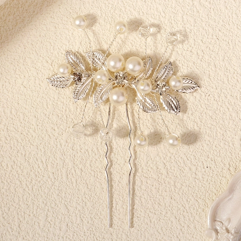 Bastoncino per Capelli in Lega d'Argento Fatto a Mano con Perle Artificiali Fiore per Donna Sposa Matrimonio Strass Foglia Forcina a U