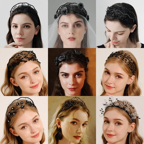Cerchietto a Corona in Cristallo Nero Vintage Fatto a Mano Gotico Matrimonio Tiara Sposa per Donna Festa Banchetto Accessori per Capelli